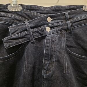 Pilcro Anthropologie Arden Double Waist Denim Midi Skirt Size 4 Dark Wash Slit